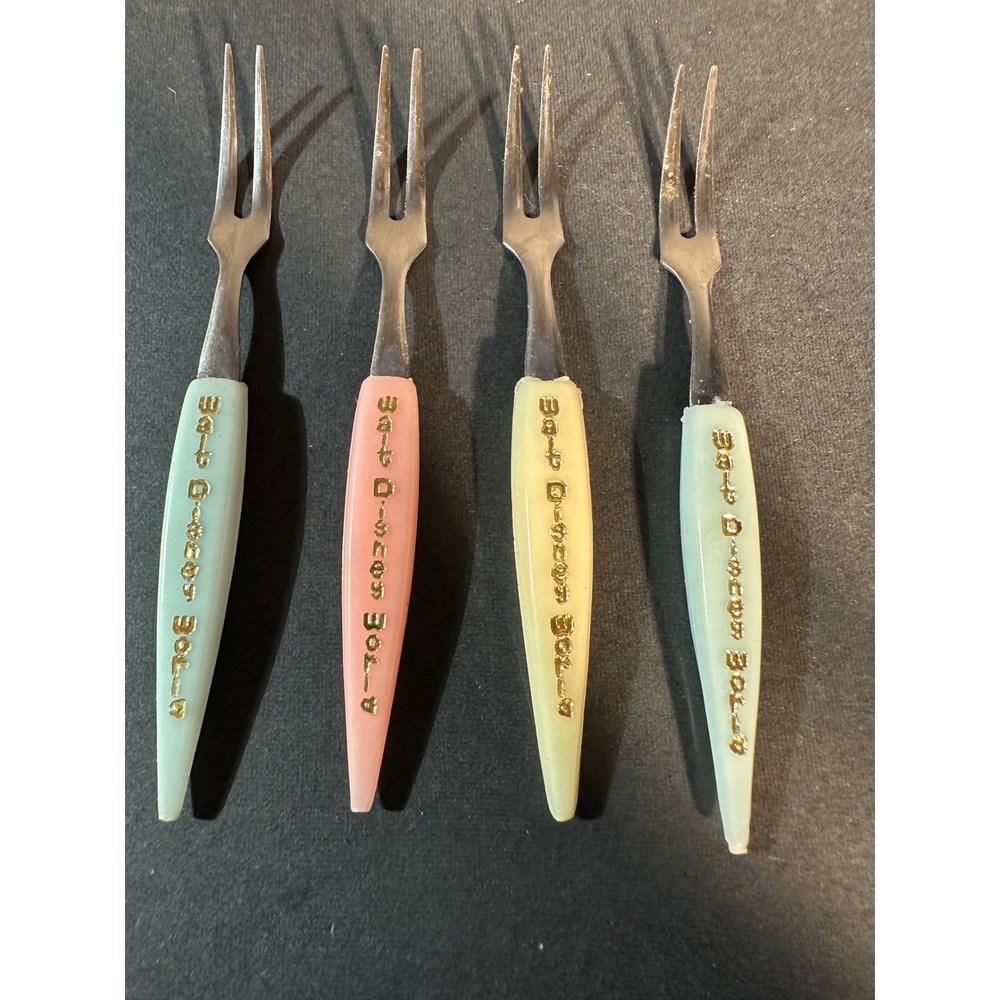 Vintage Walt Disney World Cocktail Forks Set 4 Stainless Japan Souvenir Pastel